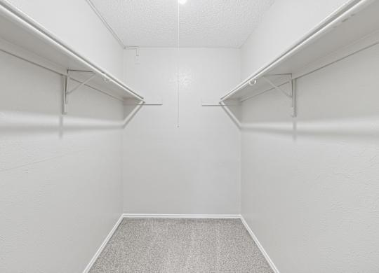 Empty white walk in closet with carpeted floor.