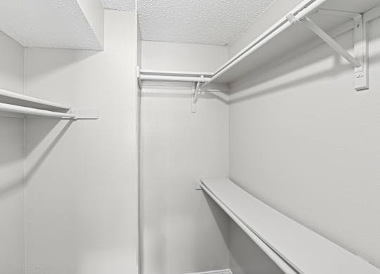 Empty white shelves in a storage room.