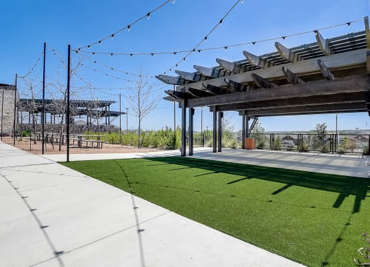 a grassy area with string lights and a pavilion in the background at Beacon at Meridian, San Antonio, 78245