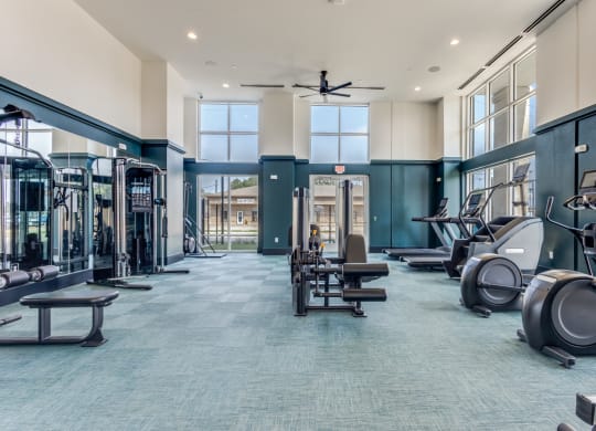 Wide shot of the gym at Era Apartments in Denton, TX
