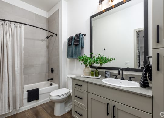 Model apartment bathroom with quartz countertop and large bathtub at Era apartments in Denton, TX