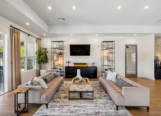 Lounge space in the leasing office with two couches and a television at Evergreen at Southwood in Tallahassee, FL