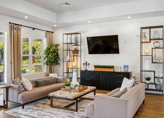 Lounge space in the leasing office with comfortable couches and a TV at Evergreen at Southwood in Tallahassee, FL