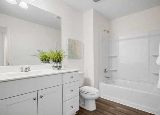a bathroom with white cabinetry and a white toilet next to a white bathtub at Beacon at Meridian, San Antonio, TX 78245