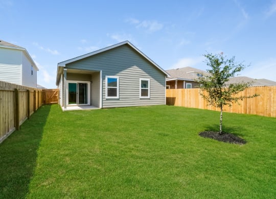 a backyard with a green lawn and a gray house at Beacon at Meridian, San Antonio Texas