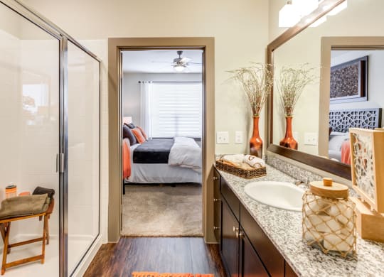 a bathroom with a shower and a sink and a mirror