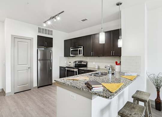 A modern kitchen with stainless steel appliances, a brick backsplash, and dark cabinets at GreenVue Apartments in Richardson, TX