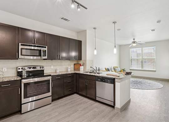 A modern kitchen with dark brown cabinets and stainless steel appliances at GreenVue Apartments in Richardson, TX