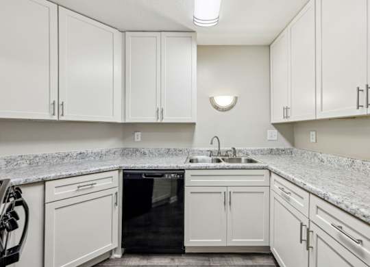 A kitchen with white cabinets and a black dishwasher at Gwinnett Square Apartments in Duluth, GA