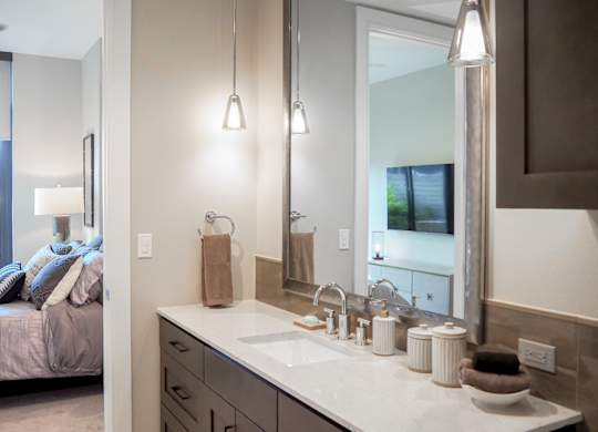 3 bedroom model private bathroom for third bedroom with a sink and a mirror at The Hamilton apartments in Dallas, TX
