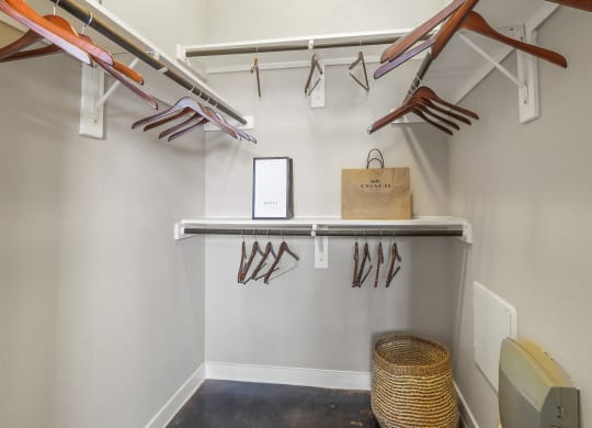Model bedroom walk-in closet at Harlow River Oaks in Houston, TX