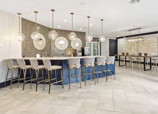 Clubhouse kitchen area with Starbucks coffee at Harlow River Oaks in Houston, TX