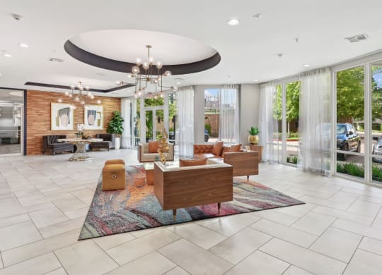 Lobby area and a large chandelier at Harlow River Oaks in Houston, TX