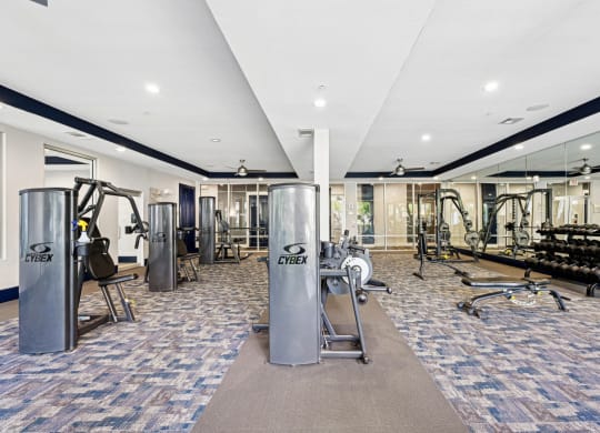 Fitness studio with advanced weightlifting machines at Harlow River Oaks apartments in Houston, TX