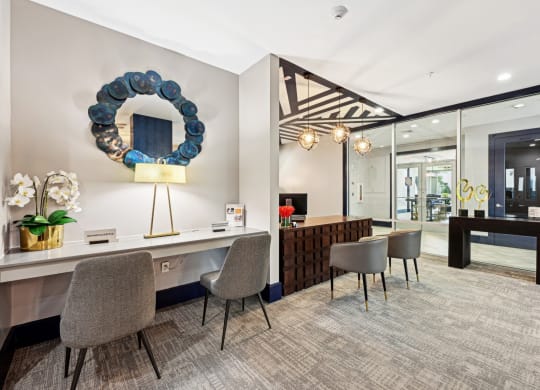 Stylish leasing office with modern décor at Harlow River Oaks apartments in Houston, TX