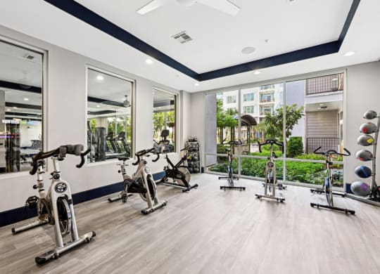 Dedicated spin cycle studio with top-of-the-line bikes at Harlow River Oaks apartments in Houston, TX