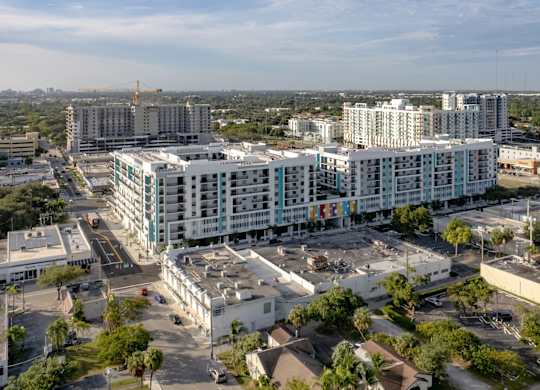 An aerial view of our luxury apartment building on Hollywood Blvd; Hollywood Heights on the Boulevard Luxury Apartments in Hollywood, FL