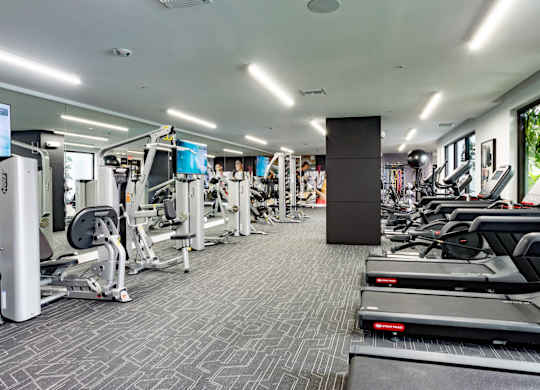 Our state-of-the-art fitness center with treadmills, free weights, and exercise machines at Hollywood Heights on the Boulevard Luxury Apartments in Hollywood, FL