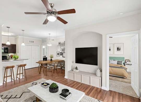 Overlook virtually staged living room at Hilltops in Conroe, TX