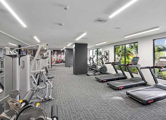 Cardio machines in our state-of-the-art fitness center at Hollywood Heights on the Boulevard Luxury Apartments in Hollywood FL