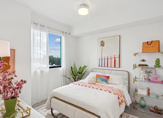 Second bedroom with a bed, nightstand in our 2-bedroom model at Hollywood Heights on the Boulevard Luxury Apartments in Hollywood, FL