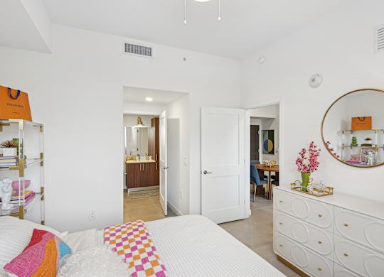 Second bedroom with a bed, nightstand in our 2-bedroom model at Hollywood Heights on the Boulevard Luxury Apartments in Hollywood, FL