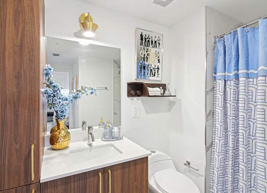 Bathroom with light blue and gold decorations facing a mirror at Hollywood Heights on the Boulevard Luxury Apartments in Hollywood, FL