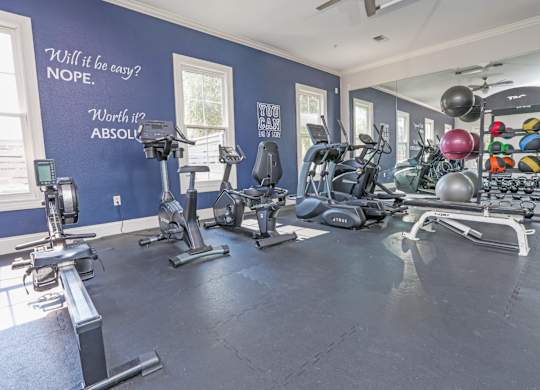 A gym with a variety of equipment and motivational quotes on the wall at Ultris Island Park in Shreveport, LA