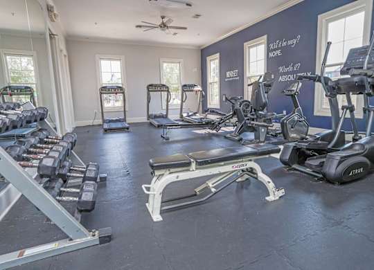 A spacious gym with a variety of equipment including treadmills, elliptical machines, and dumbbells at Ultris Island Park in Shreveport, LA