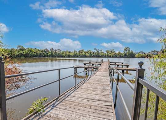 Pond dock with trees in the background at Ultris Island Park in Shreveport, LA