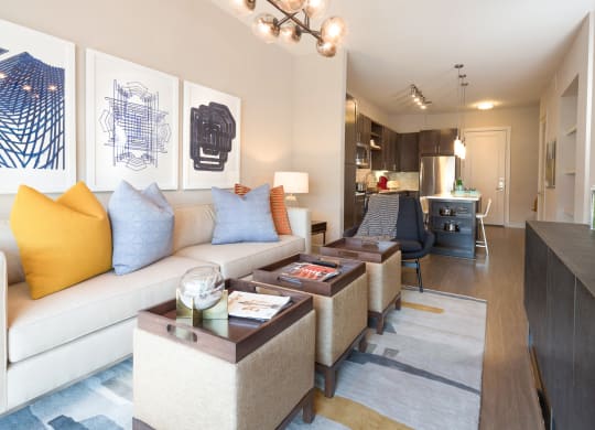 model living room with modern furnitures at Knox Heights in Dallas, TX