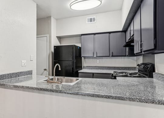 Modern kitchen with stainless steel appliances at Laurels of Sendera apartments in Arlington, TX