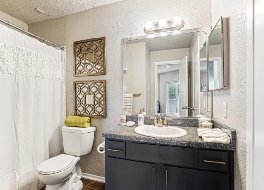 Modern bathroom with sleek fixtures at Laurels of Sendera apartments in Arlington, TX