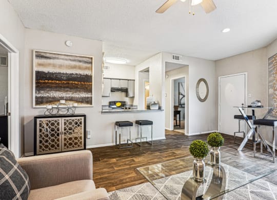 Spacious living room at Laurels of Sendera apartments in Arlington, TX