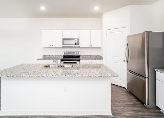 Magnolia view into kitchen with granite countertops and stainless steel appliances at Beacon at Ashley River Landing in Summerville, SC