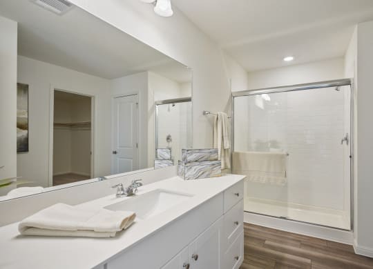 Maple model master bathroom with a large mirror and a shower at Beacon at Ashley River Landing in Summerville, SC