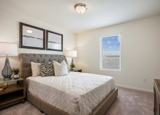 Maple model bedroom with a large bed and a window at Beacon at Ashley River Landing in Summerville, SC