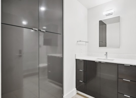 Sleek bathroom with walk-in shower, modern vanity with white countertop and black cabinets at Mid Elm Lofts in Dallas, TX