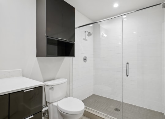 Bathroom with towel cabinet over toilet and a large walk-in shower at Mid Elm Lofts in Dallas, TX