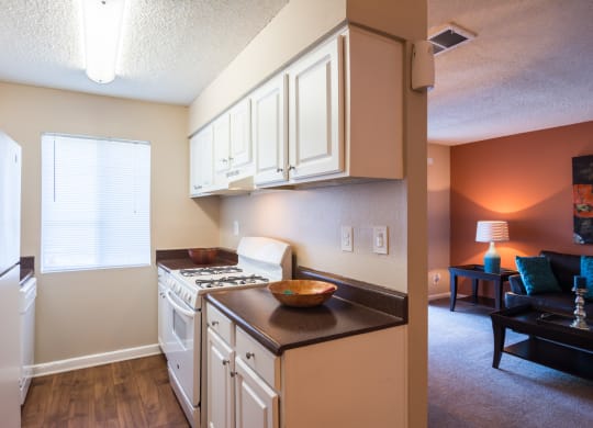 a kitchen with white cabinets and a stove and a refrigerator at Dunwoody Pointe in Sandy Springs, GA