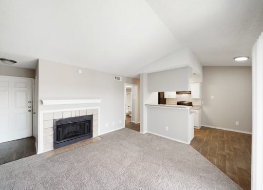Living Room with Fireplace at Polaris Apartment Homes in Irving, Texas, TX