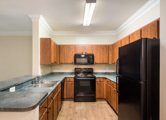 Modern kitchen with stainless steel appliances and ample counter space at Angel Landing apartments in Pensacola, FL