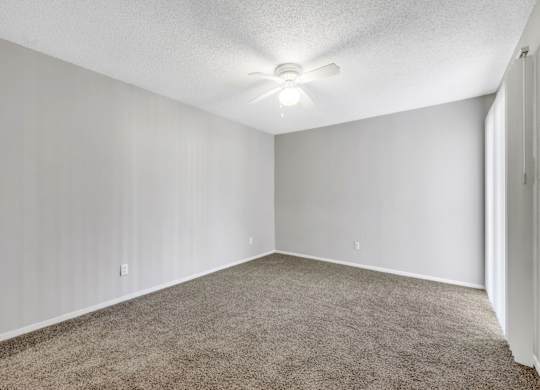 A room with a carpeted floor and a ceiling fan.