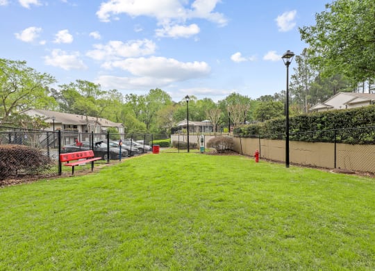 a grassy area with a bench and lampposts