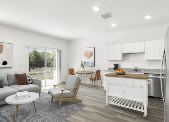 living room with white cabinets and grey couch