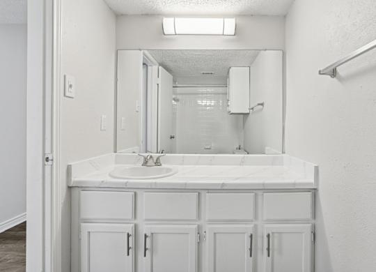 A bathroom with a white sink and cabinets.