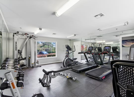 Fitness center equipped with cardio equipment and weights at Oakley Run apartments in Smyrna, GA