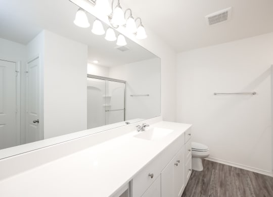 a bathroom with a large mirror and a toilet at Beacon at Meridian, Texas, 78245