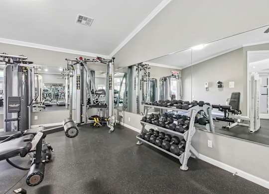 A gym with a variety of equipment including weights and machines at Riverwood Crossing apartments in Roswell, GA.
