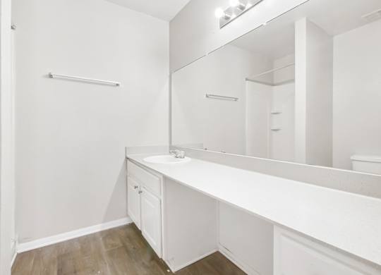 Master bathroom with a sink and mirror in C2b floor plan at Riverwood Crossing apartments in Roswell, GA.